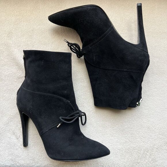 Giorgio Armani Black Suede Stiletto Heel Boots Women EU 38 US 7.5 Tie Pointy Toe - Picture 1 of 16